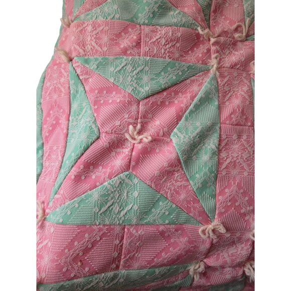 Handmade Pink & Green Star Patchwork Quilt w Heart Print Back 82x68 - Picture 3 of 6